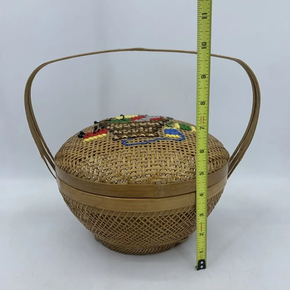 Vtg Rattan Sewing Basket Crochet Handmade‎ Boho Farmhouse Unique Cottagecore